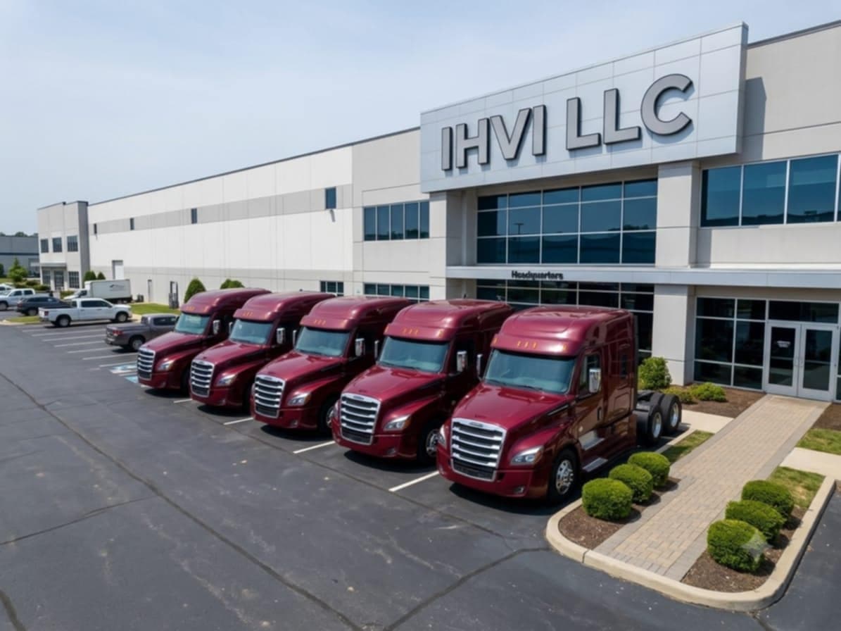 Five IHVI LLC semi-trucks parked in front of the IHVI LLC headquarters